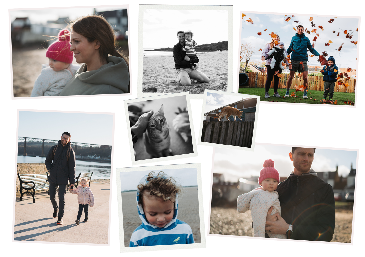 A collection of candid family moments captured in six different photographs showing outdoor activities and interactions.