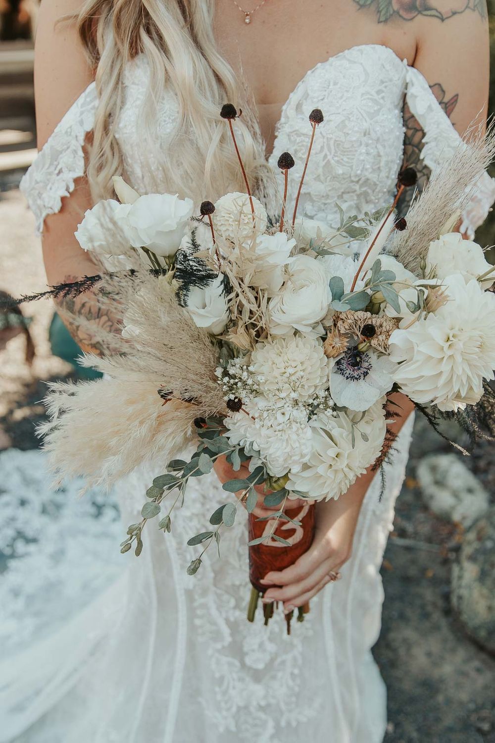 Elegant bridal bouquet with dried florals and neutral tones at a country wedding in Naches, WA. Washington wedding photographer