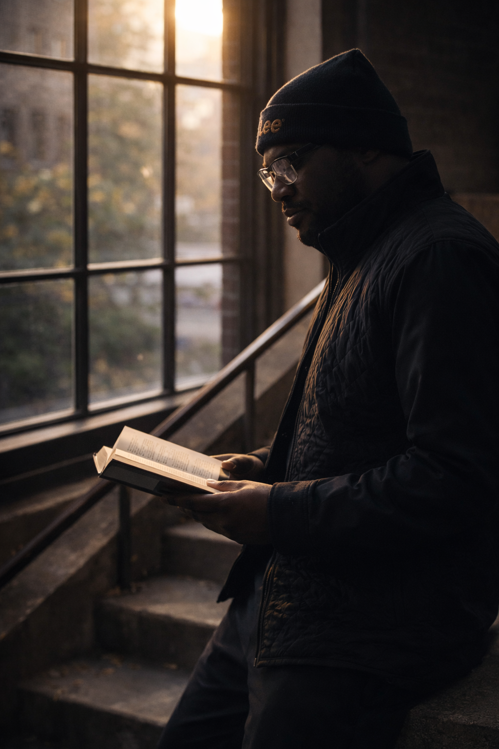 Moody low-key portrait series showing person praying in dark setting.