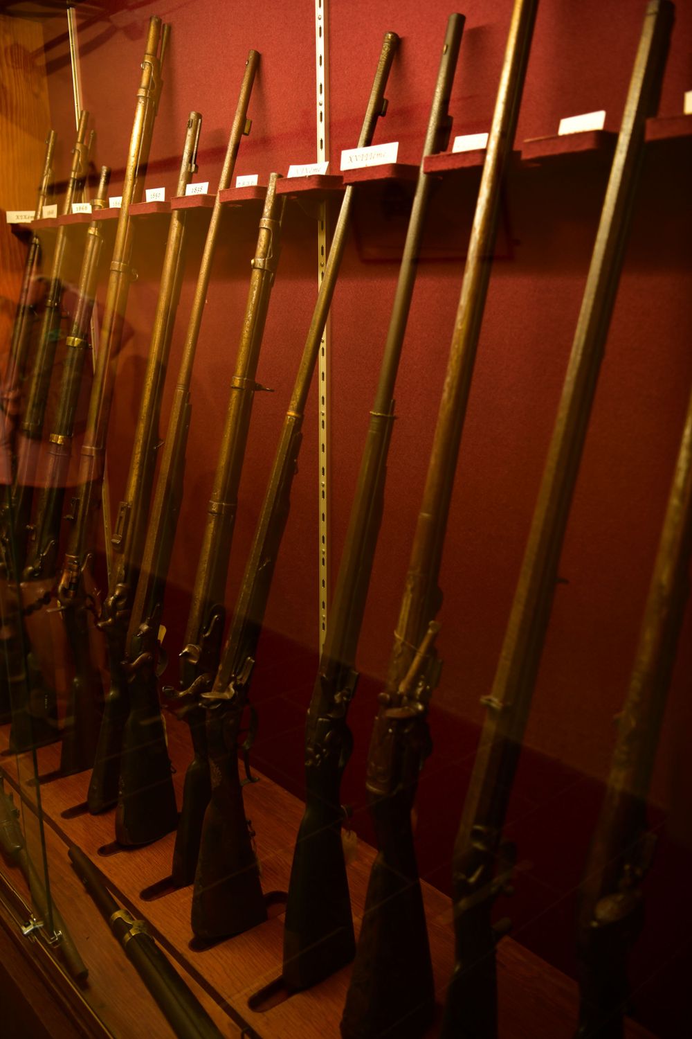 A row of vintage rifles displayed in a wooden gun rack against a red wall inside a museum or collection.