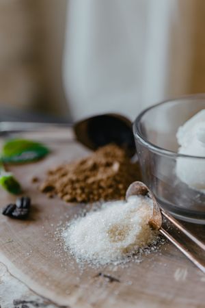 Close-up of bath salts and ingredients for making natural spa products.