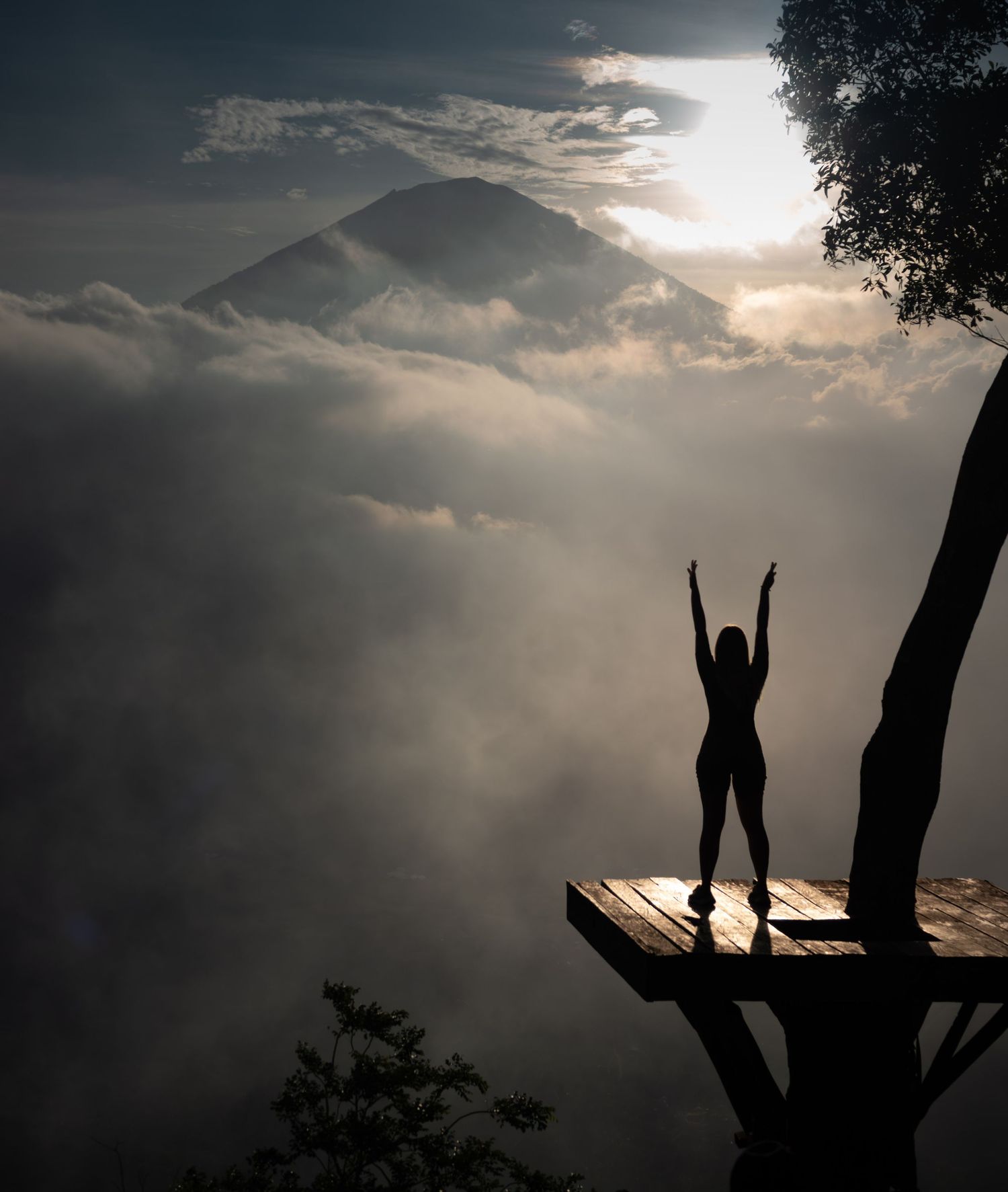 Silhouette of person celebrating on platform overlooking misty mountain vista at sunrise.