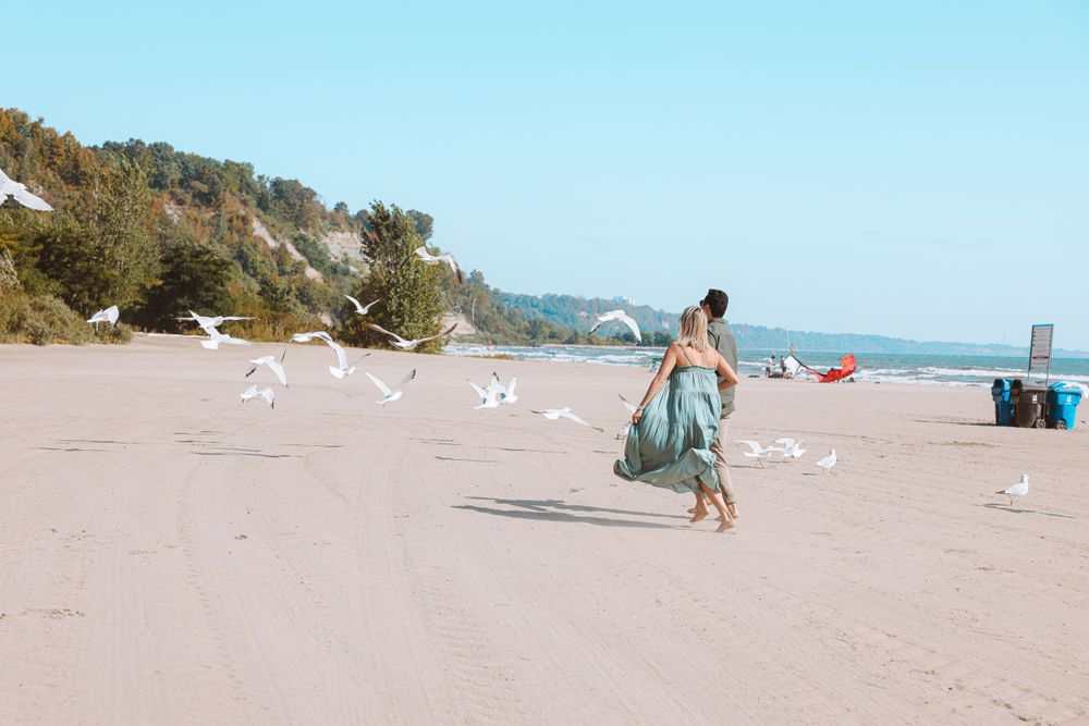 Figure in flowing teal dress walking on beach with seagulls flying nearby.