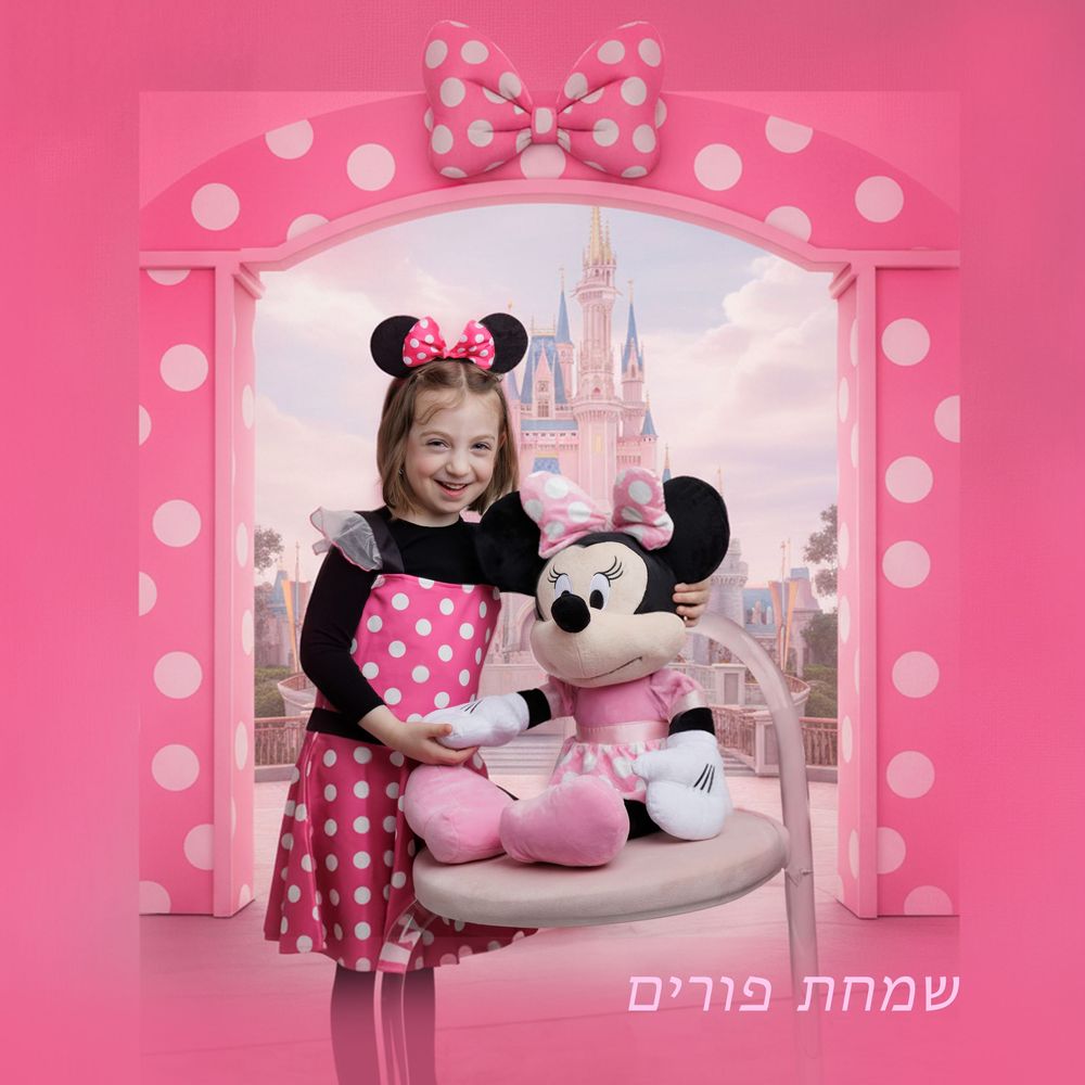 Young girl in black dress holds Minnie Mouse plush in pink polka dot Disney-themed photo backdrop.