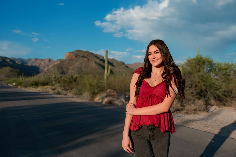 Senior destination session in the desert at sunset Tucson, AZ with monsoon sky's