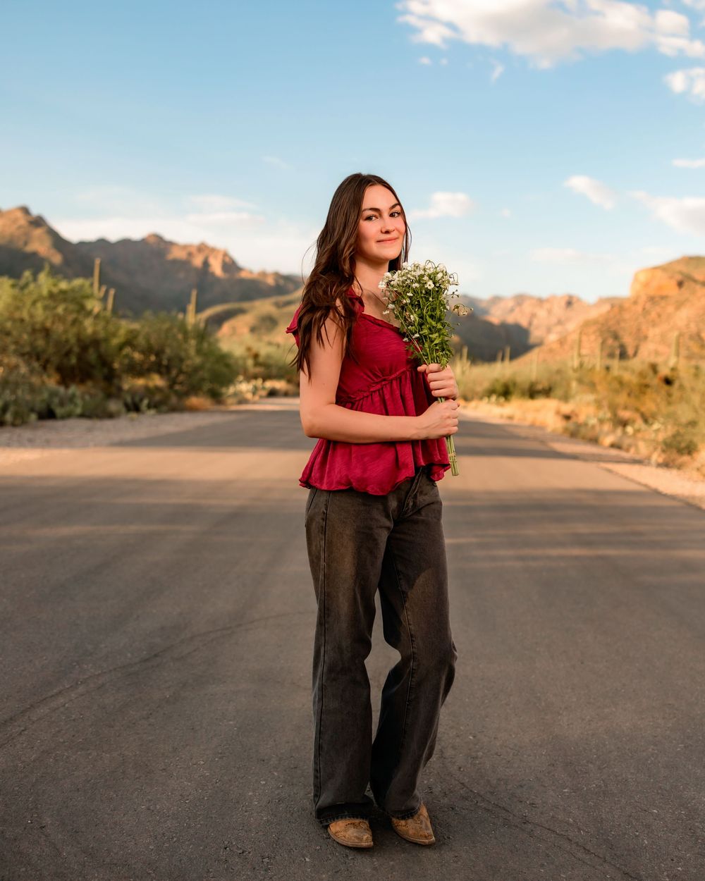 Senior destination session in the desert at sunset Tucson, AZ with monsoon sky's