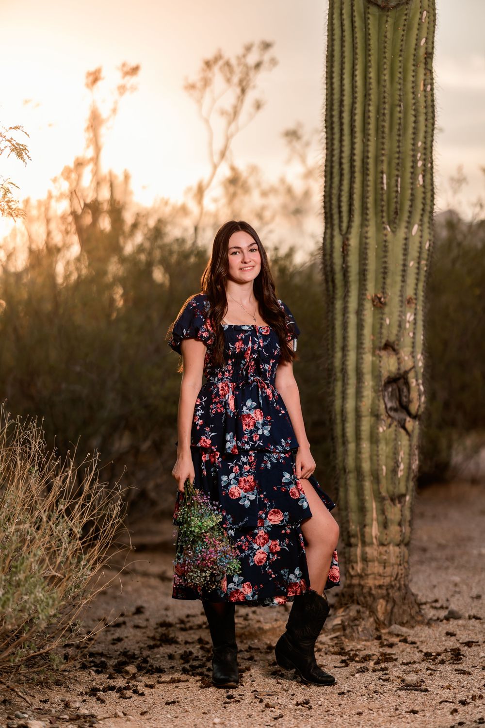 Senior destination session in the desert at sunset Tucson, AZ with monsoon sky's