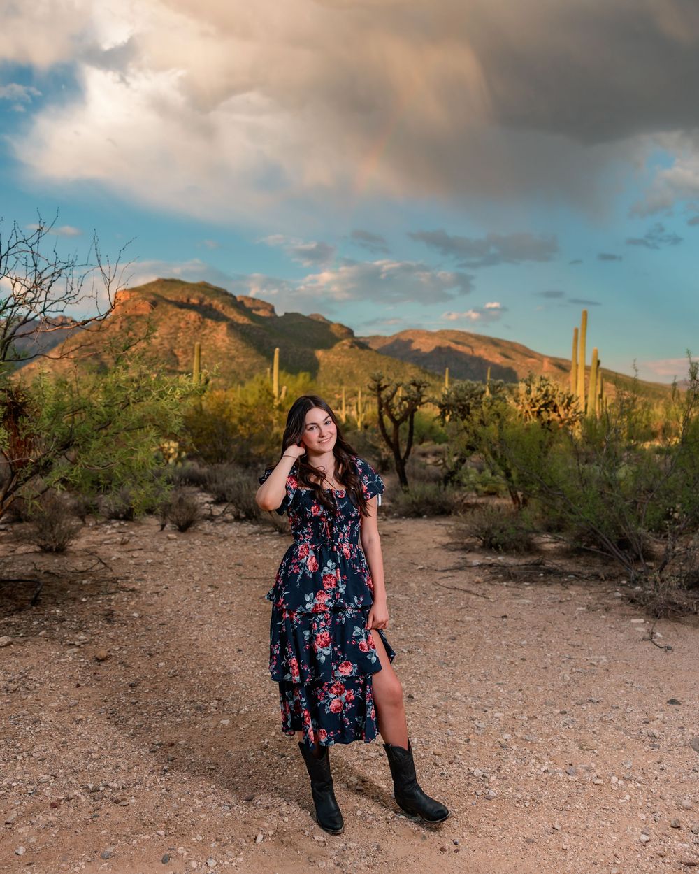 Senior destination session in the desert at sunset Tucson, AZ with monsoon sky's