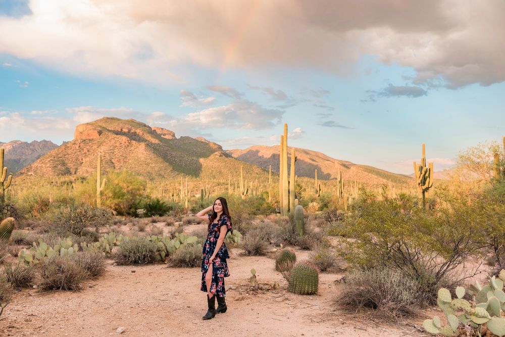 Senior destination session in the desert at sunset Tucson, AZ with monsoon sky's