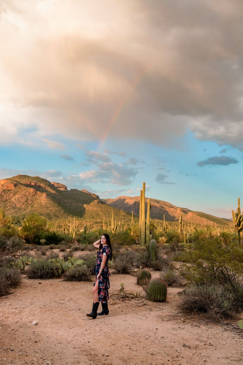 Senior destination session in the desert at sunset Tucson, AZ with monsoon sky's