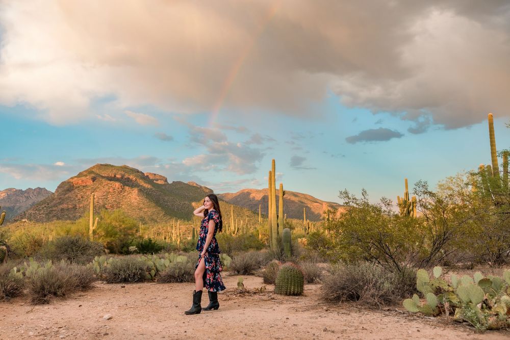 Senior destination session in the desert at sunset Tucson, AZ with monsoon sky's