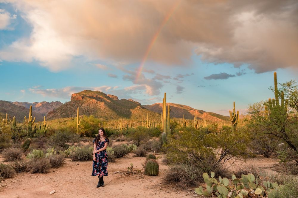 Senior destination session in the desert at sunset Tucson, AZ with monsoon sky's