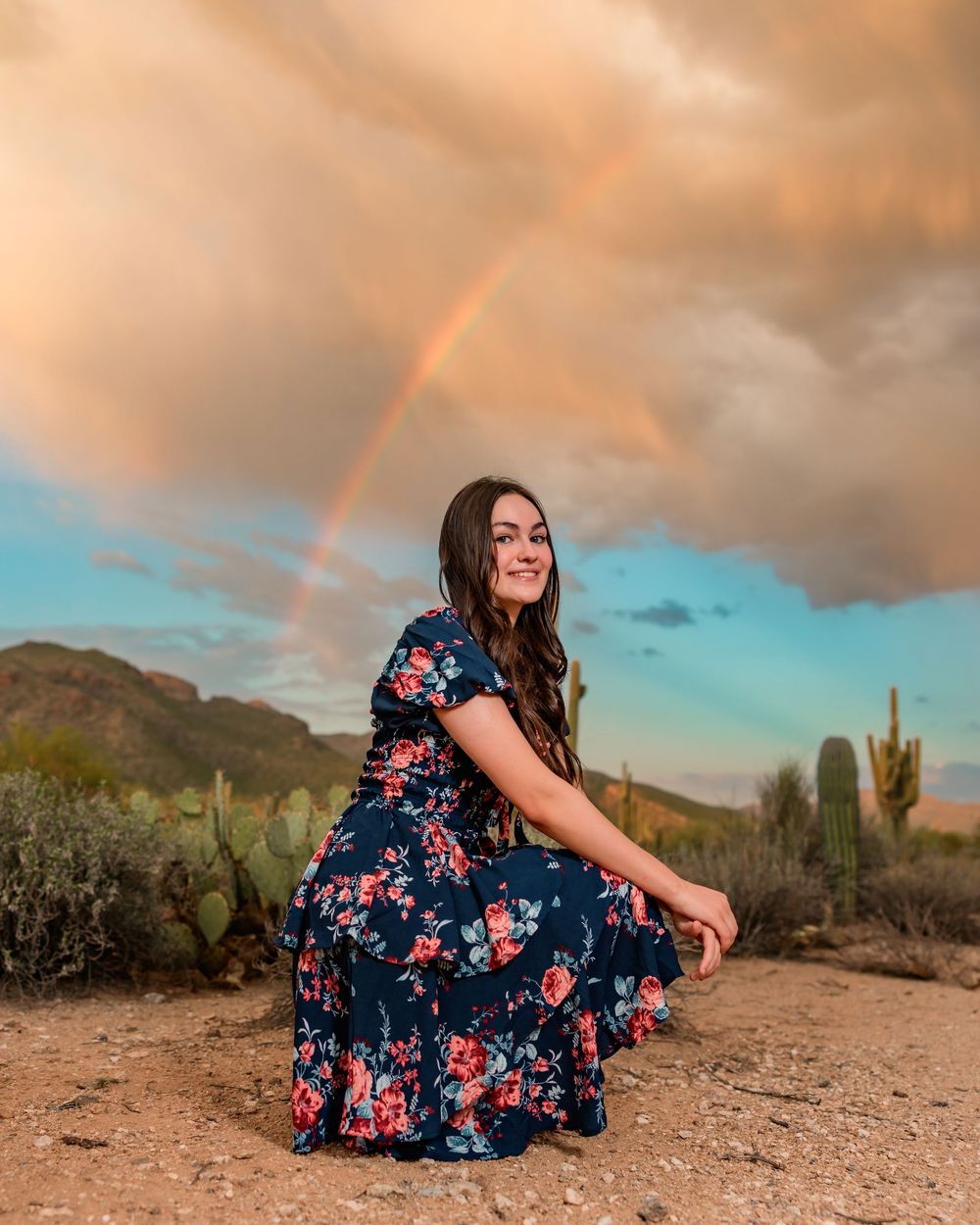 Senior destination session in the desert at sunset Tucson, AZ with monsoon sky's