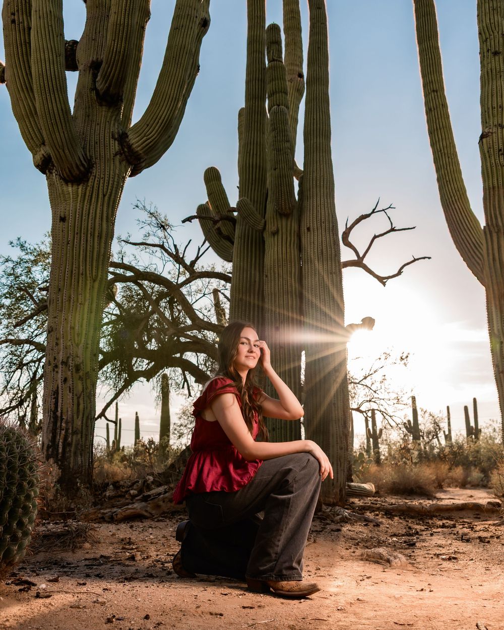 Senior destination session in the desert at sunset Tucson, AZ with monsoon sky's