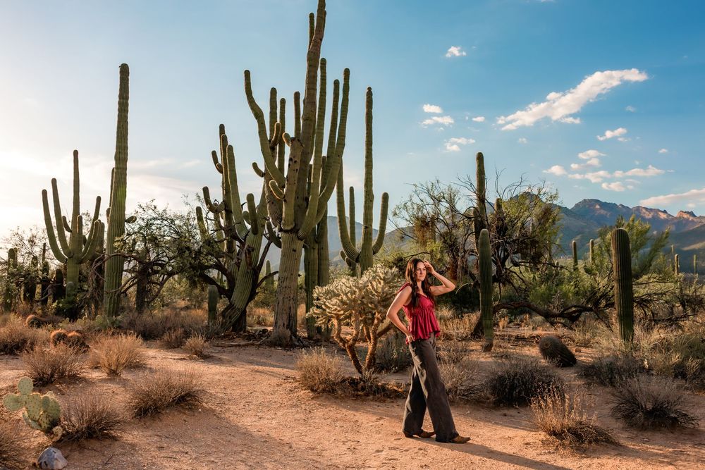 Senior destination session in the desert at sunset Tucson, AZ with monsoon sky's