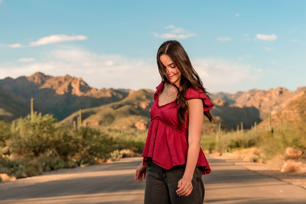 Senior destination session in the desert at sunset Tucson, AZ with monsoon sky's