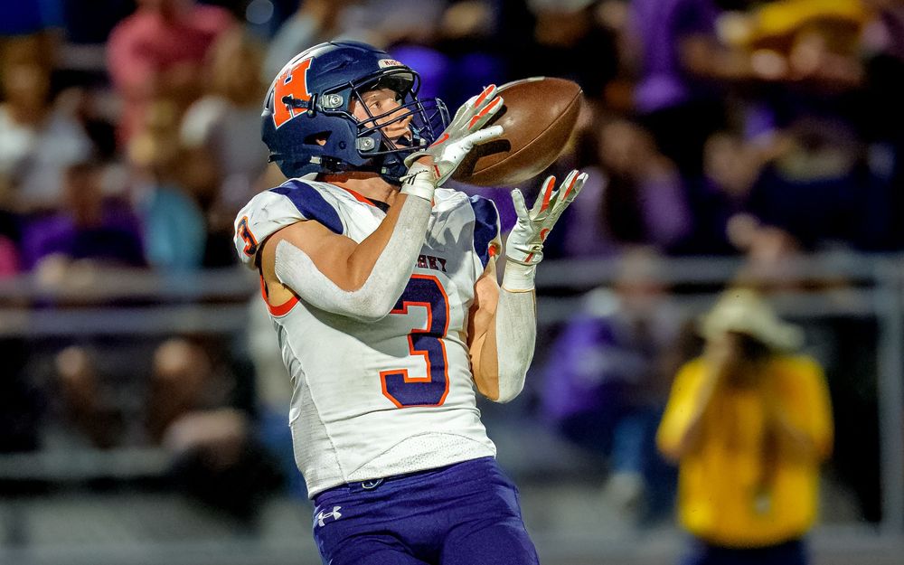 High school football receiver catching pass game day coverage, Central PA, by Deanna Fox, SportsFox Photography, Hershey PA