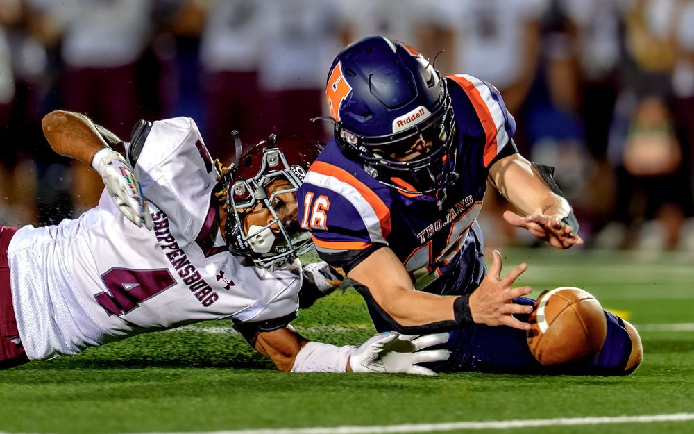 High school football fumble recovery game day action photography, Central PA, by Deanna Fox, SportsFox Photography, Hershey PA