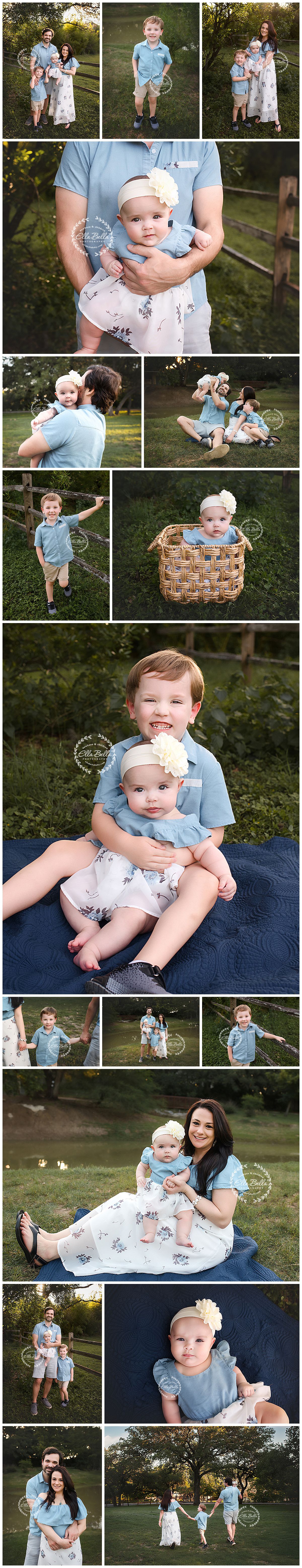 Family outdoor photo session with parents, toddler boy, and baby girl in coordinating blue and white outfits near a wooden fence.