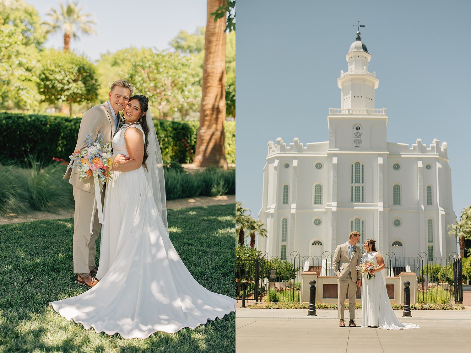 Bride and groom posing in garden and outside white LDS temple on their wedding day.