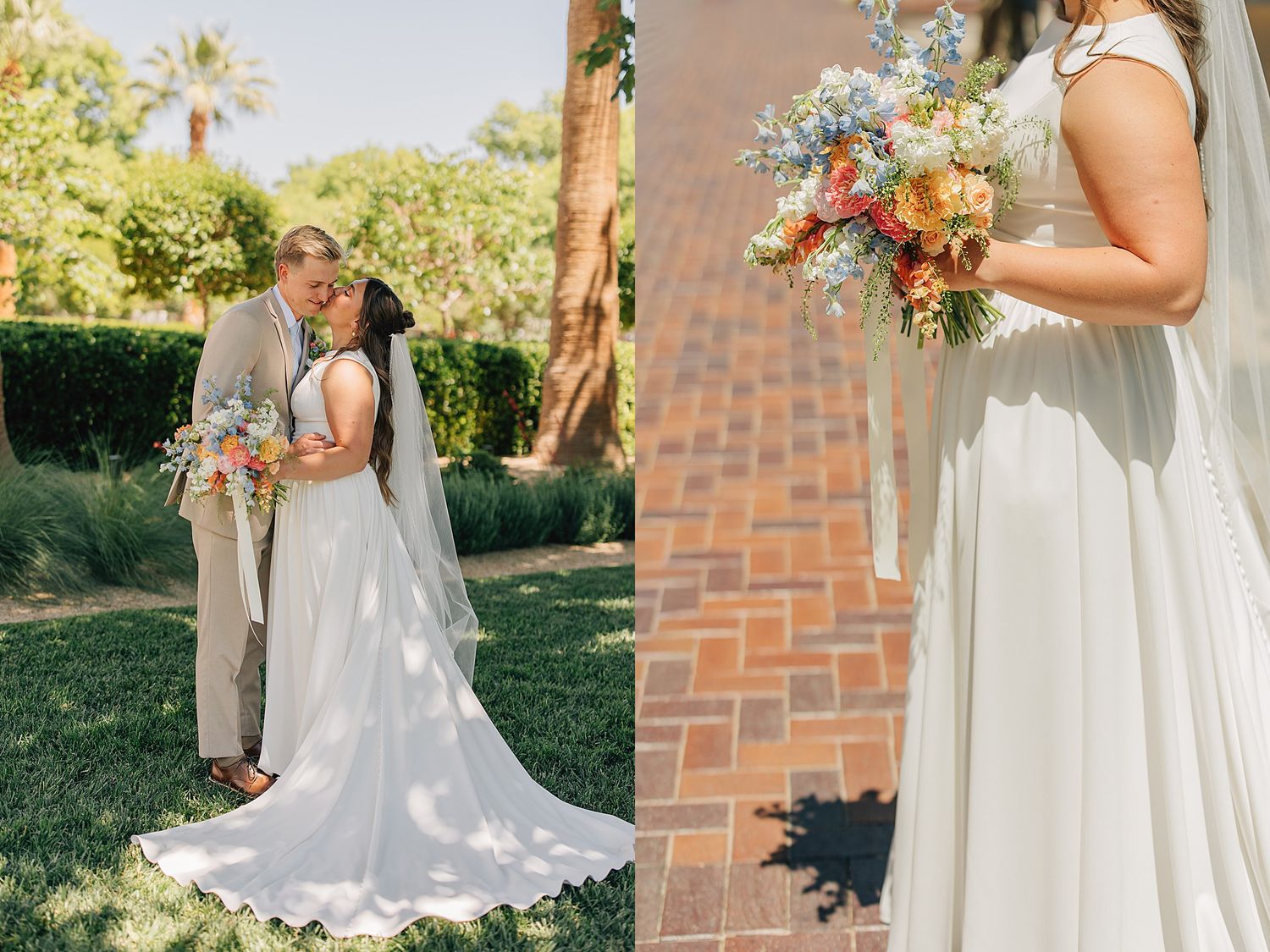 Bride and groom share a kiss outdoors, bride holds colorful bouquet in white gown, groom in tan suit.