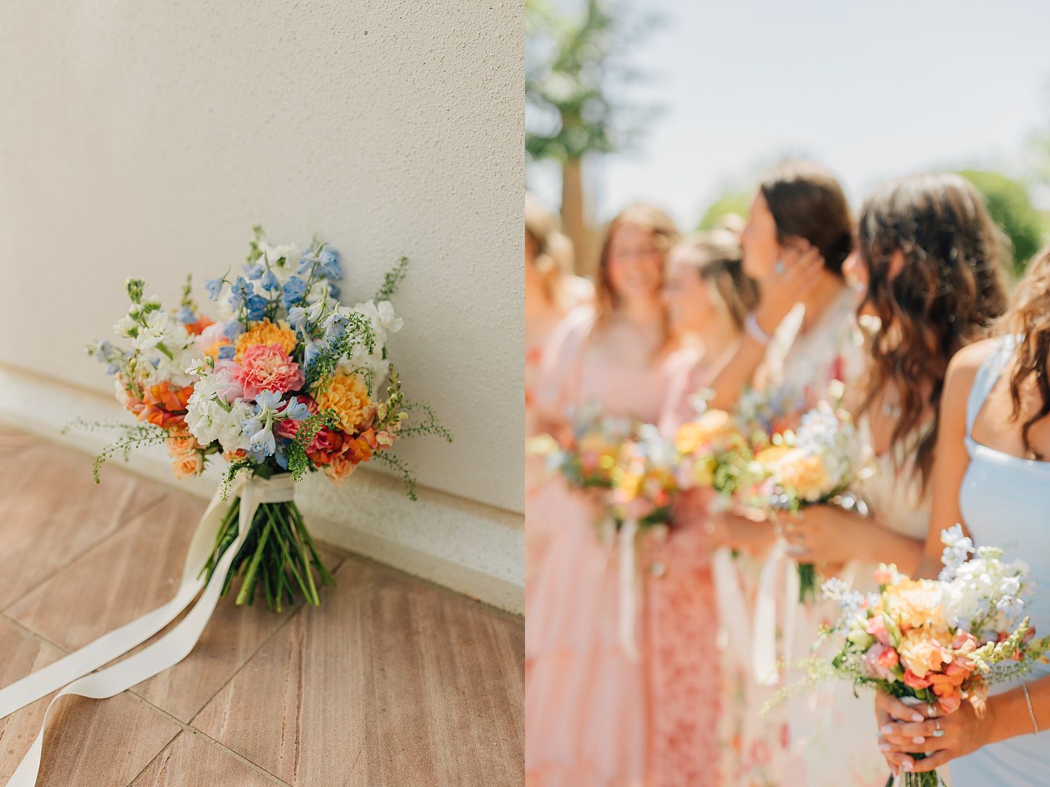 Colorful wedding bouquet with orange, pink, and blue flowers beside bridesmaids in blush pink dresses holding bouquets.