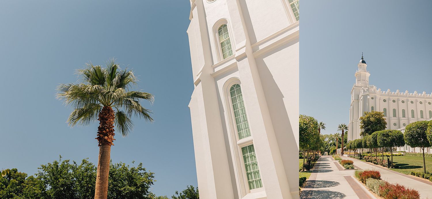 White LDS temple tower with arched windows beside a palm tree and manicured garden path under a clear blue sky.