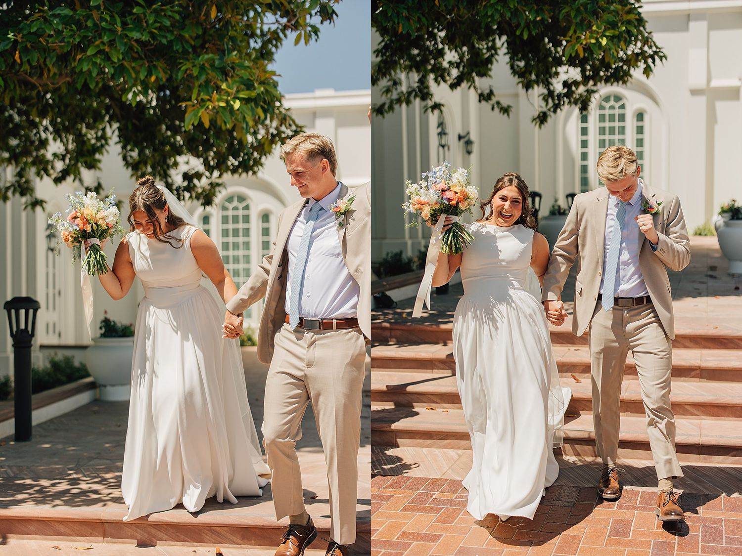 Bride and groom walk hand in hand outside a white building, bride holding a colorful bouquet on their wedding day.