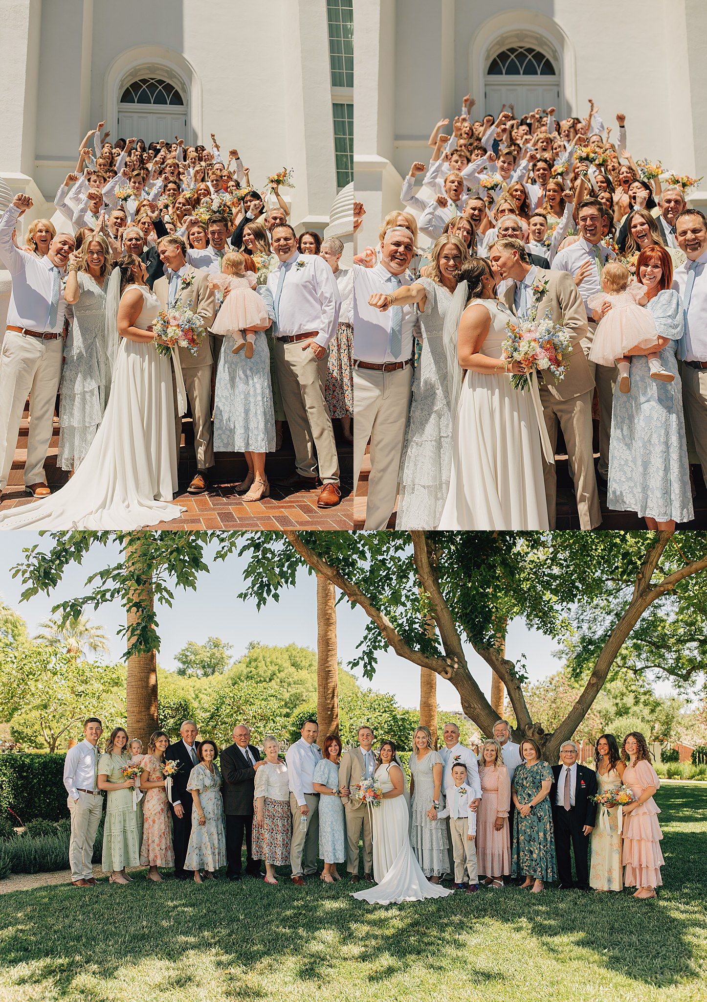 Wedding party celebrates on church steps while family poses in garden below on a sunny day.