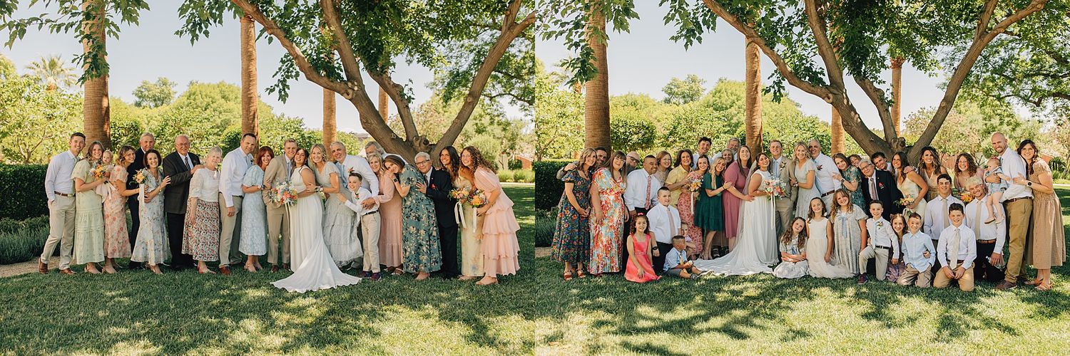 Large wedding group portrait with bride and groom surrounded by family and guests outdoors under trees on a sunny day.