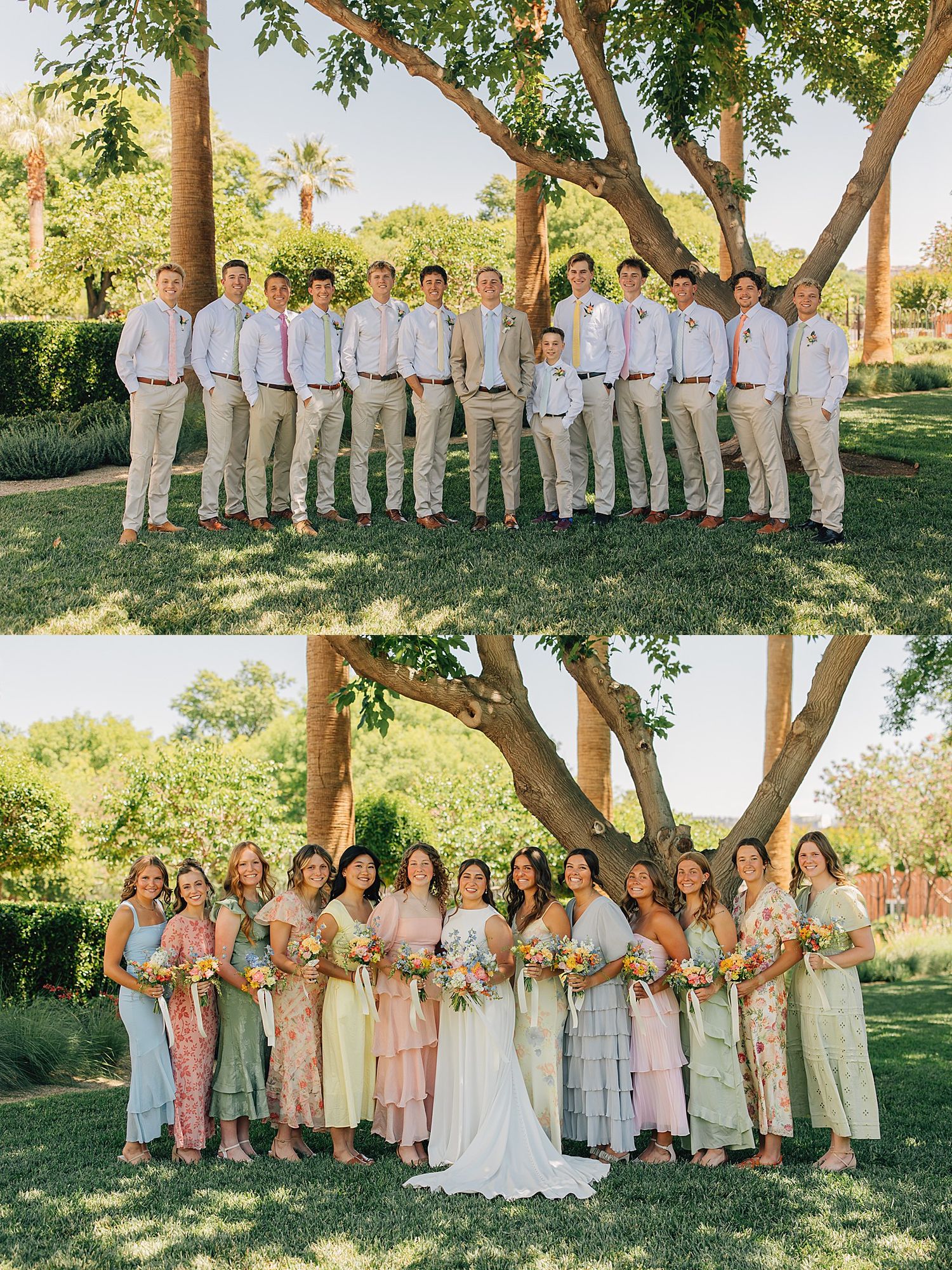 Wedding party portraits showing groomsmen in khaki suits and bridesmaids in colorful floral dresses outdoors.