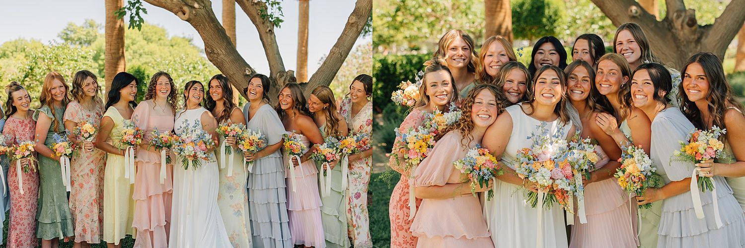 Two side-by-side photos of smiling bridesmaids in pastel dresses holding colorful bouquets outdoors under green trees.