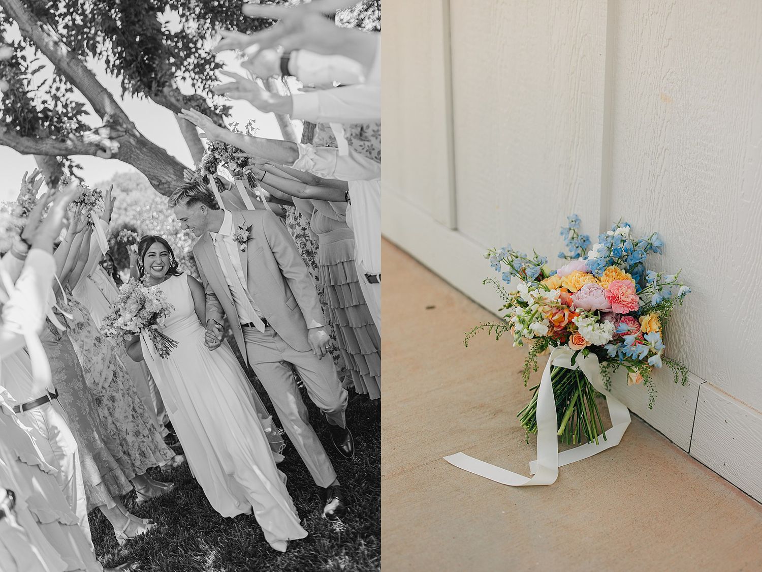 Black and white wedding photo of bride and groom walking with guests under trees beside colorful bridal bouquet.
