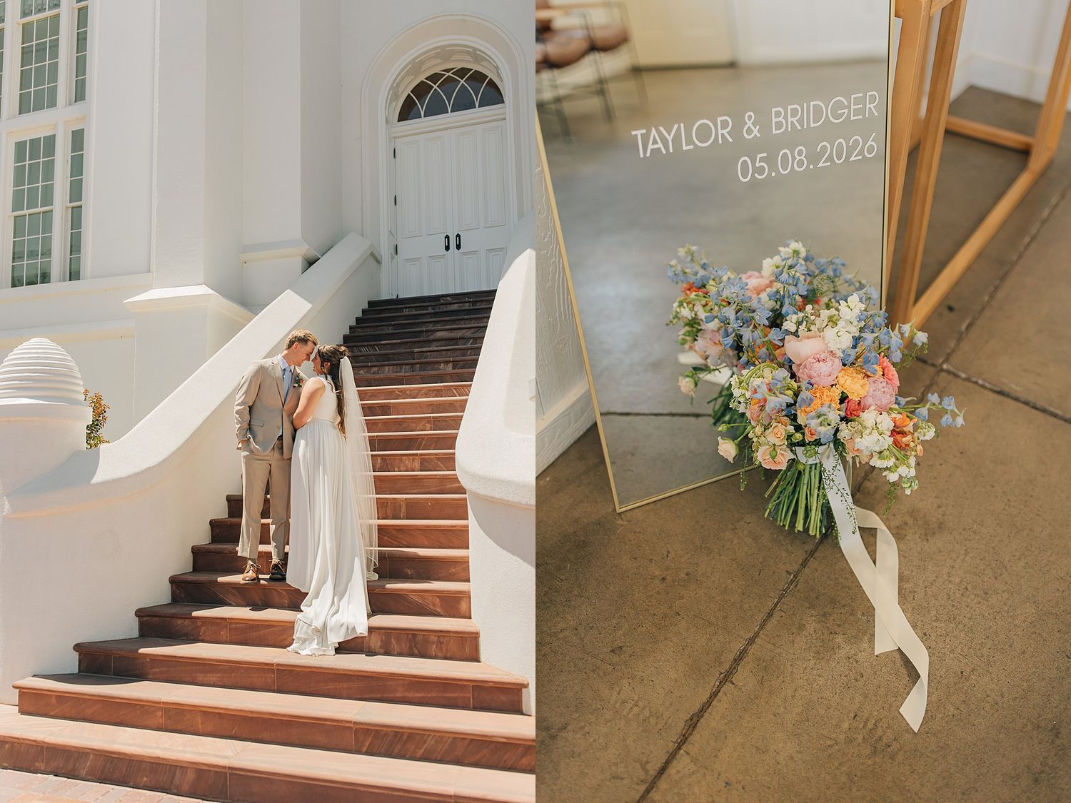 Bride and groom pose on white staircase steps at Taylor and Bridger wedding on 05.08.2026 with floral bouquet.