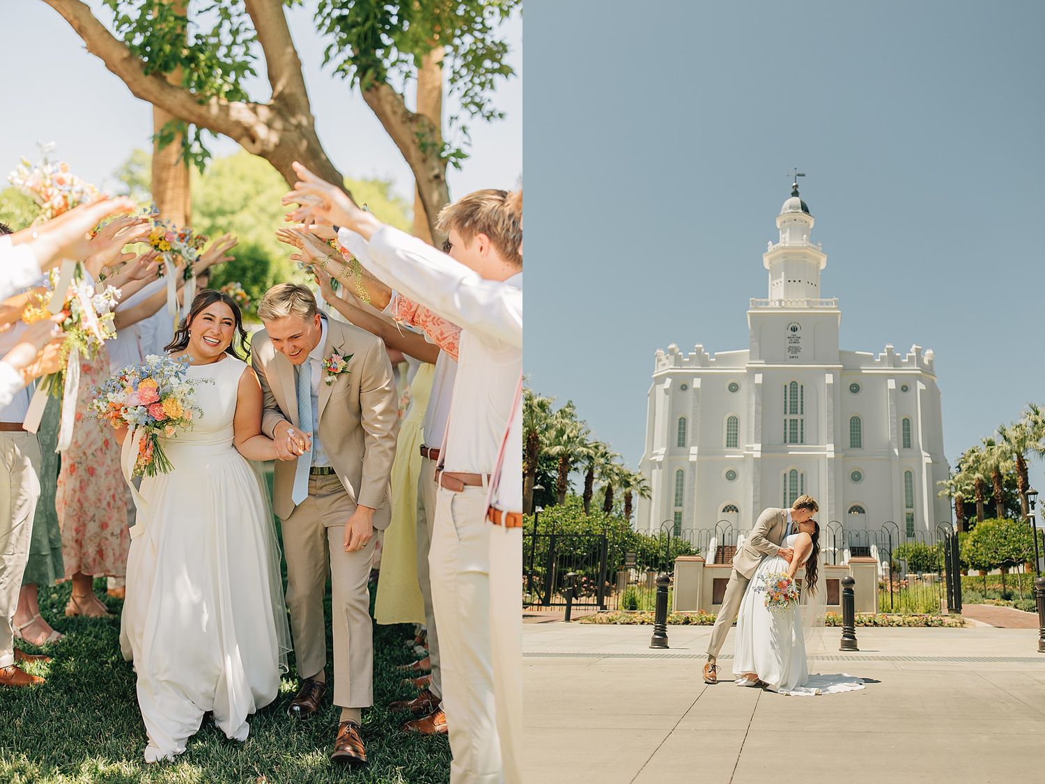 Wedding couple kissing outside St. George Utah Temple while guests celebrate with floral arch nearby.