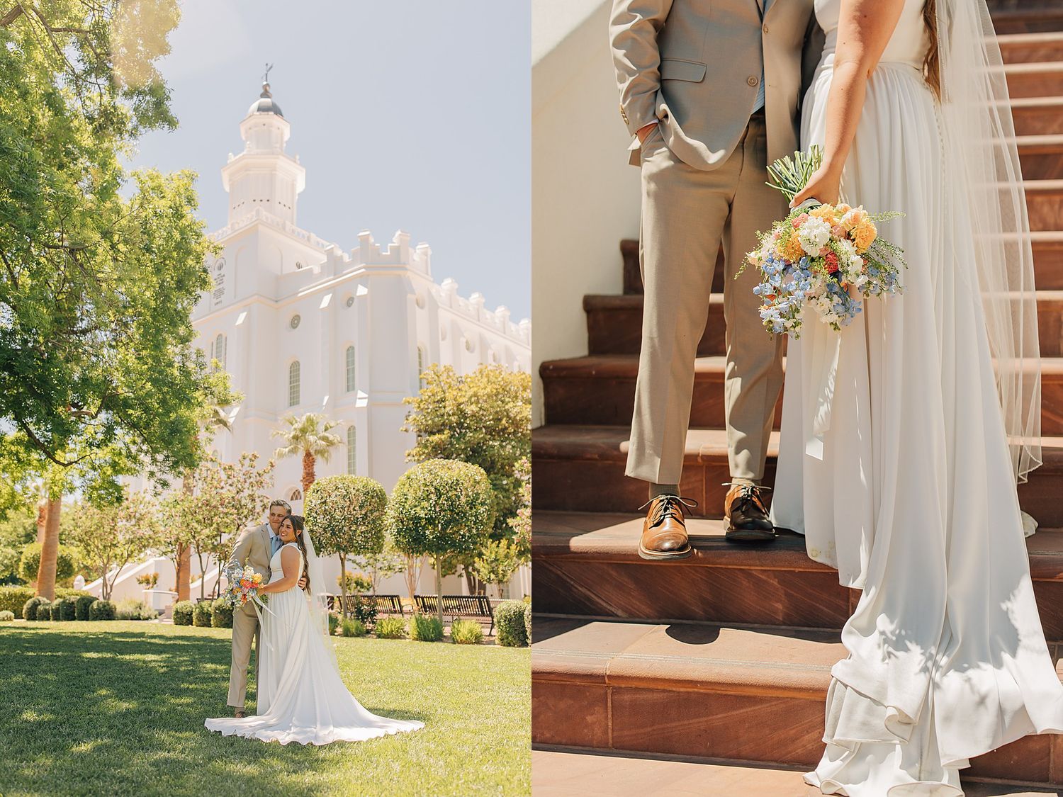 Bride and groom wedding photos outside a white LDS temple and on stairs holding a pastel bouquet.