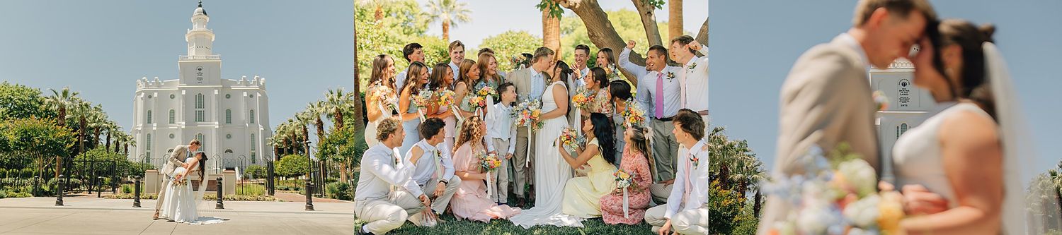 Bride and groom pose outside a sunlit LDS temple, surrounded by wedding party in soft pastels on a bright summer day.