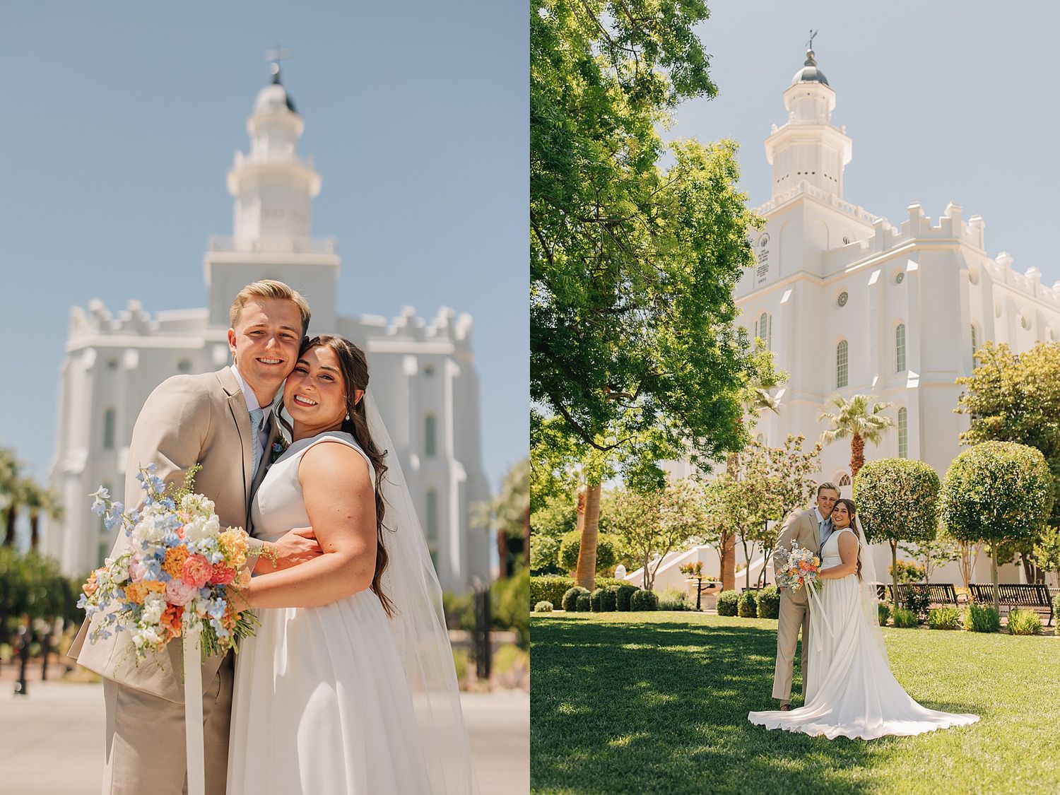 Bride and groom pose together outside a white LDS temple on their wedding day, bride holding a colorful bouquet.