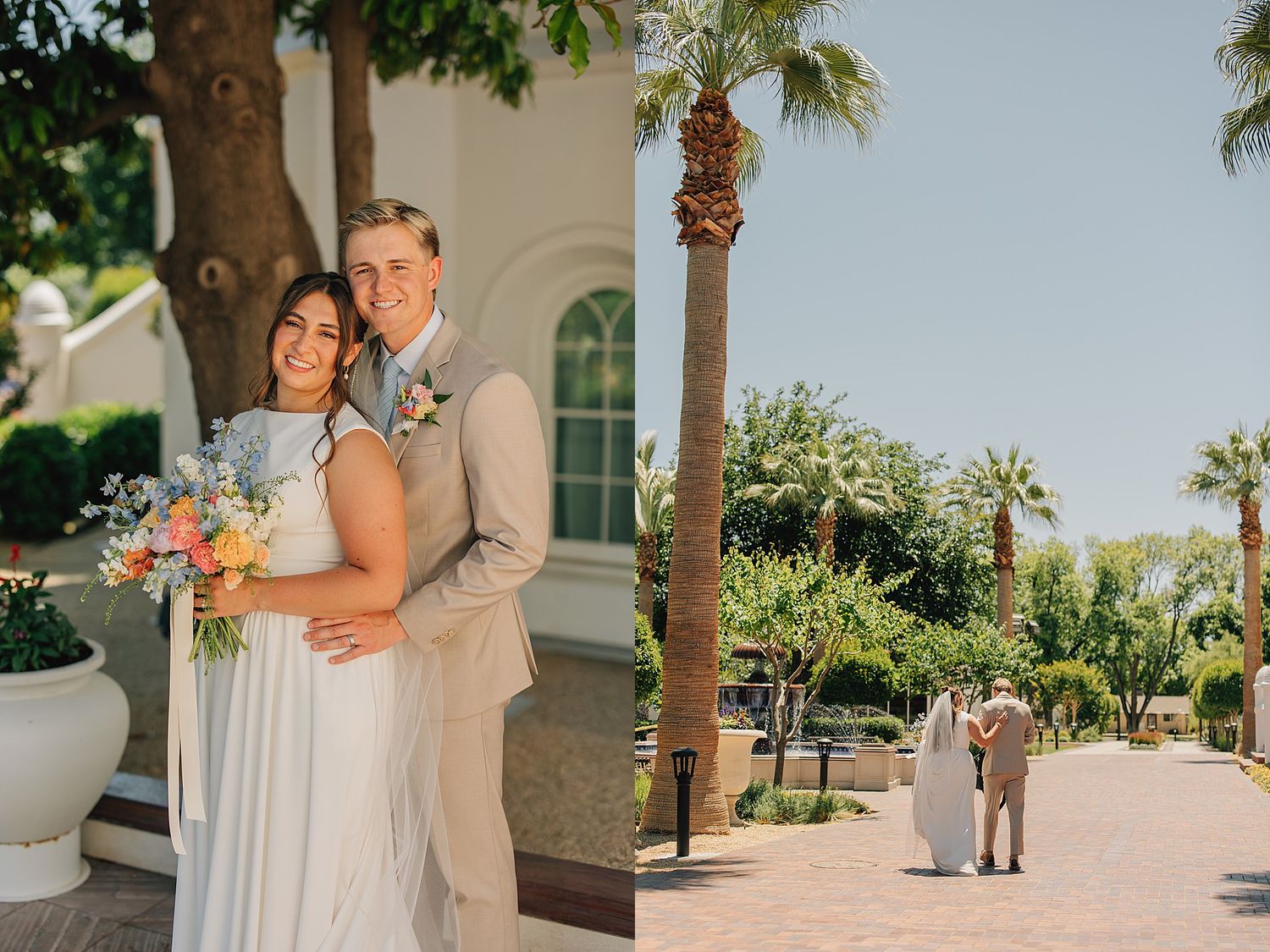 Bride and groom pose together outside a chapel, with palm trees and lush greenery in a sunny outdoor wedding setting.