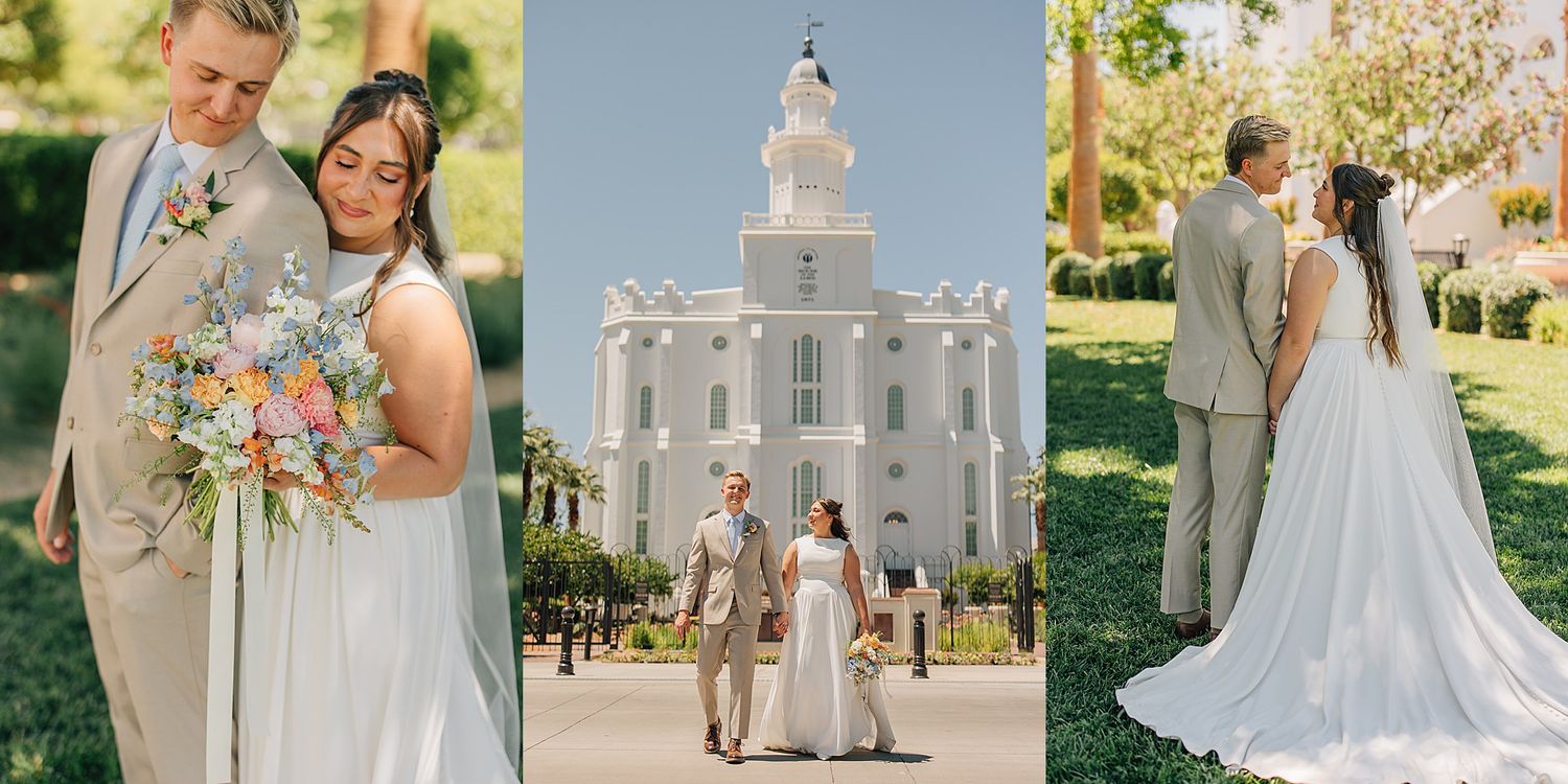 Bride and groom wedding portraits outside a white LDS temple with lush green trees on a sunny day.