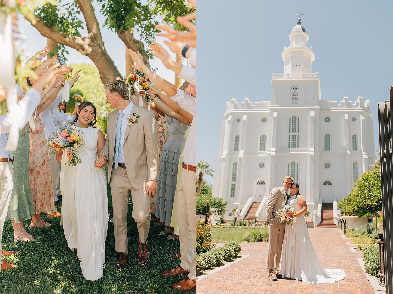 Wedding couple walks through guest tunnel outdoors, then poses kissing before white LDS temple on sunny day.