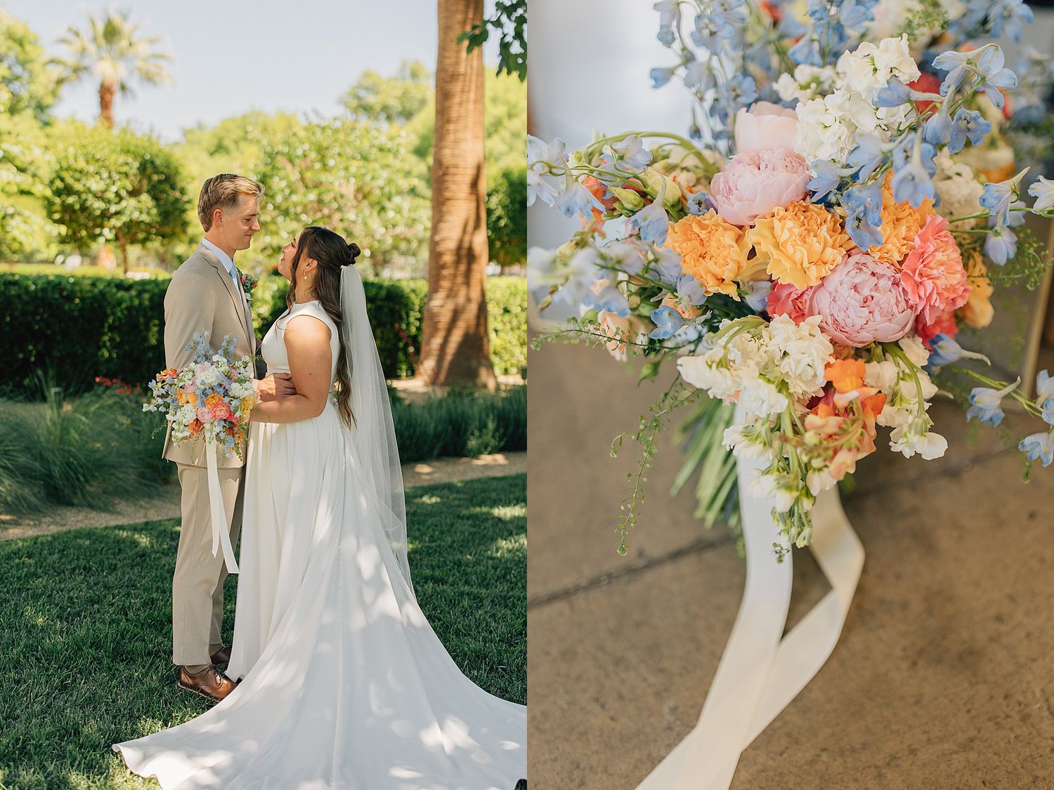 Bride and groom standing in sunny garden, bride holding vibrant bouquet of peach, pink, and blue blooms with ribbon.