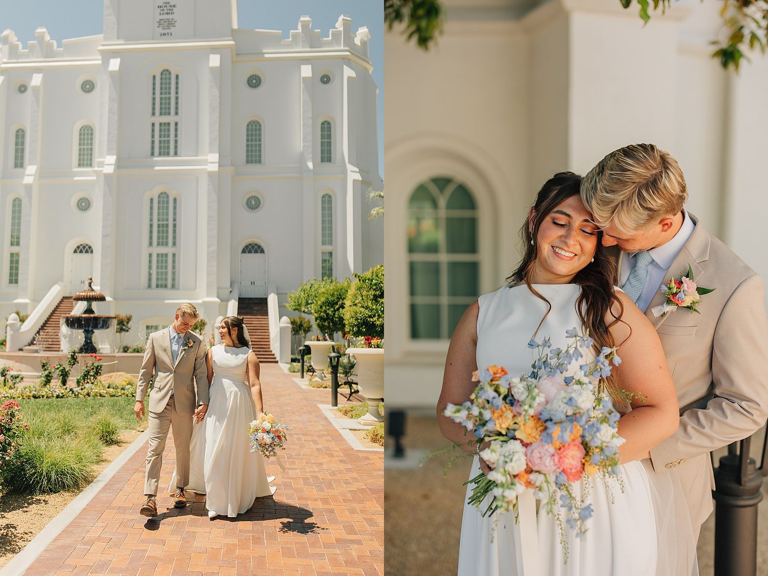 Newlywed couple posing outside a white LDS temple on their wedding day, bride holding a colorful bouquet.