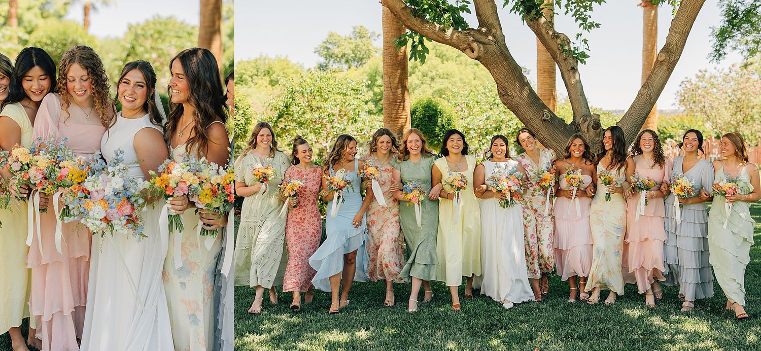 Bridesmaids in mismatched pastel dresses holding colorful bouquets at an outdoor garden wedding ceremony.