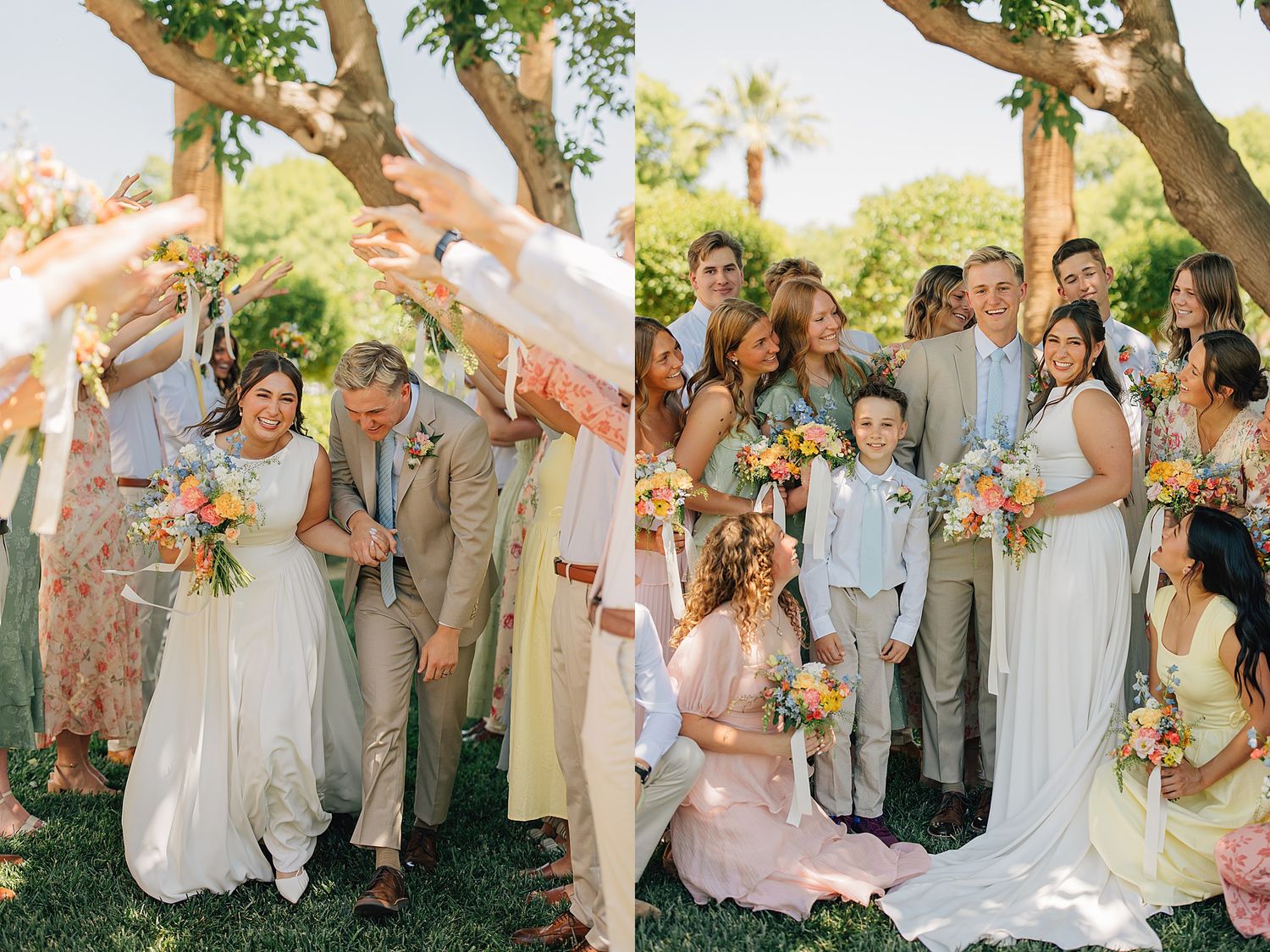 Wedding party celebrates outdoors under trees, bride in white gown laughing with guests in pastel attire holding colorful bouquets.