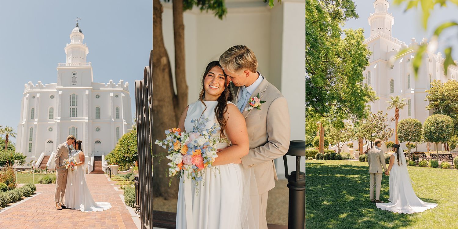 Couple embraces near LDS temple gardens in wedding attire, bride holding colorful bouquet on sunny day.