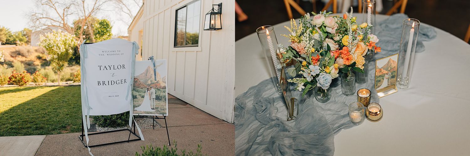 Outdoor wedding venue with a welcome sign for Taylor and Bridger beside a white barn and elegant floral centerpiece.
