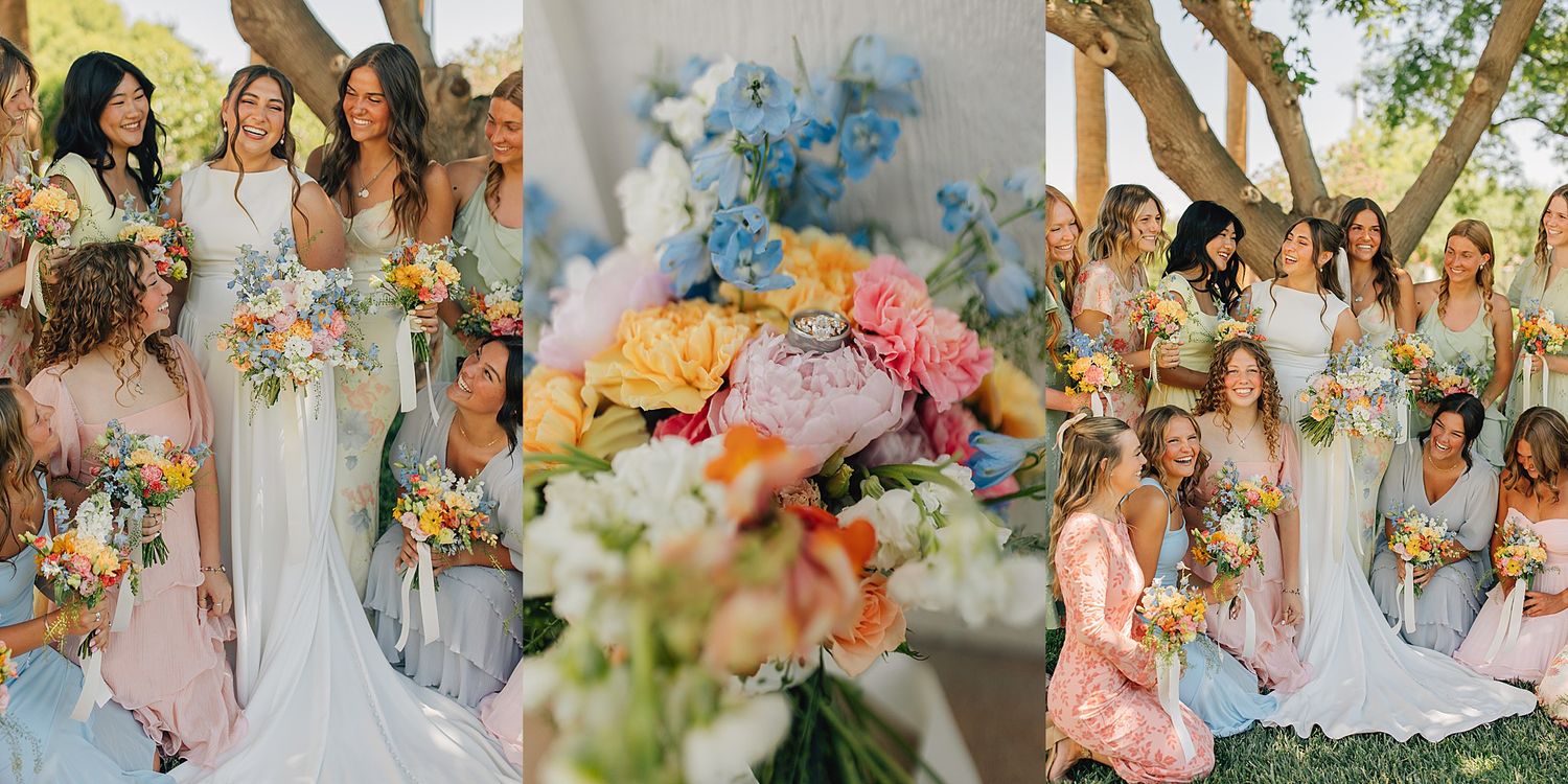 Bride and bridesmaids in pastel gowns holding colorful spring bouquets with peonies and roses at an outdoor wedding.