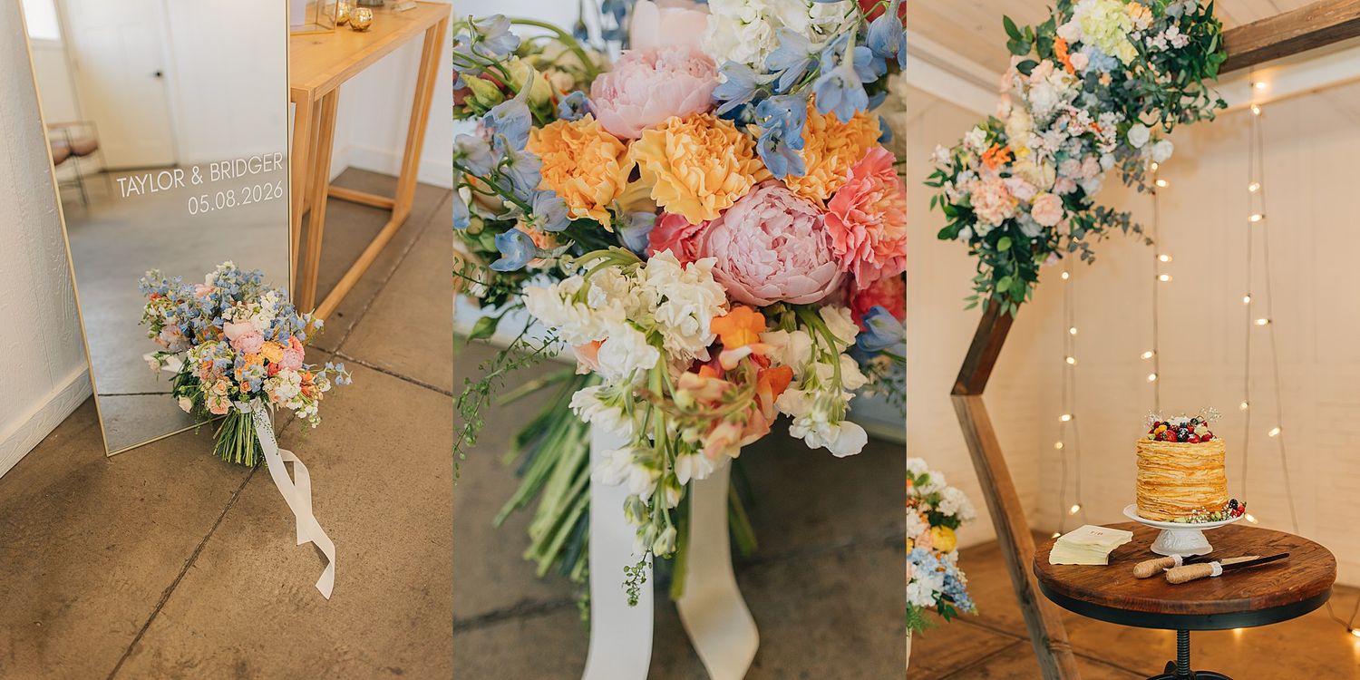 Colorful wedding florals featuring pastel bouquets, vibrant centerpieces, and a rustic cake display with string lights.