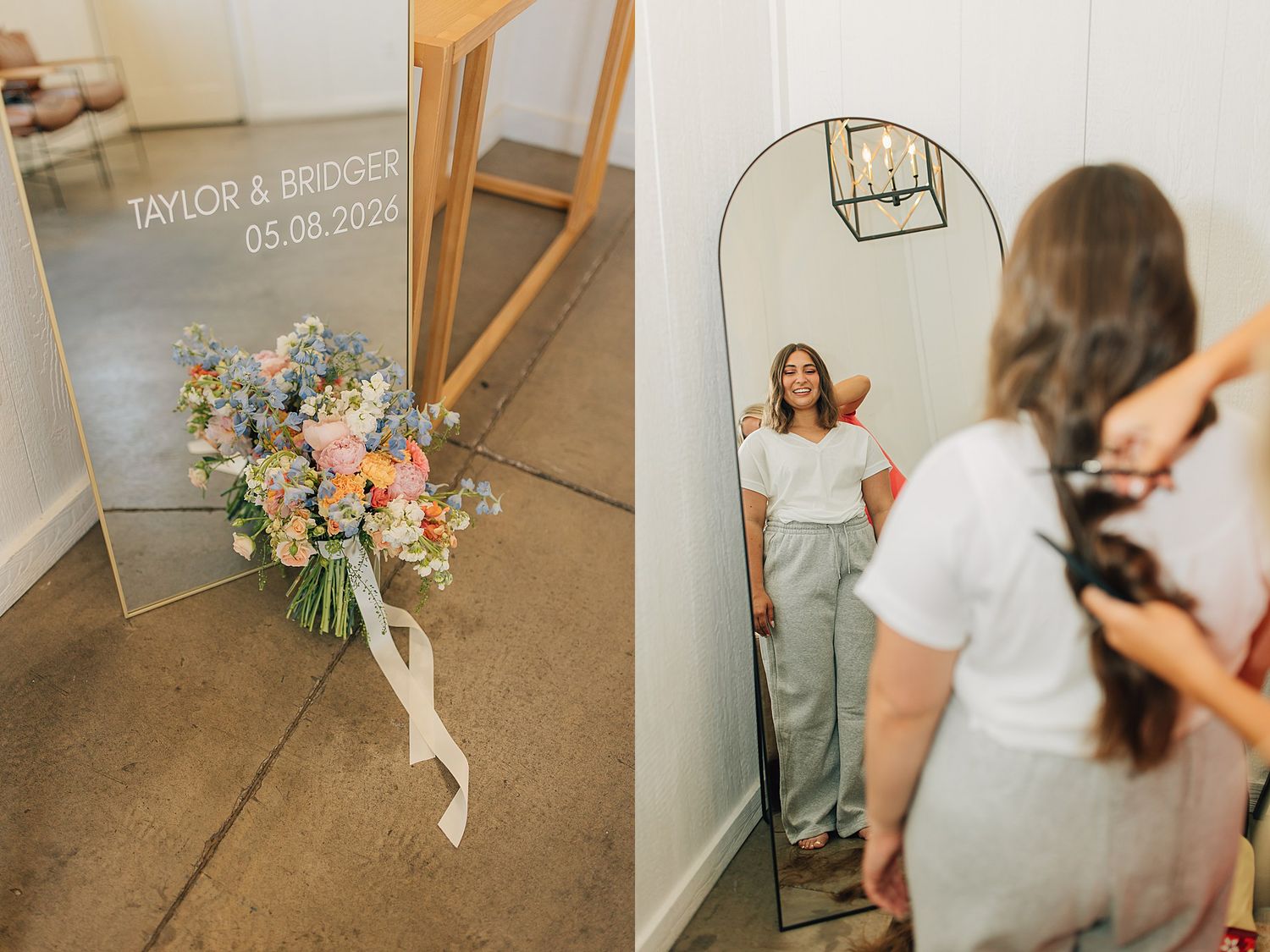 Wedding bouquet with colorful flowers beside a personalized mirror, while a bride gets her hair done before the ceremony.